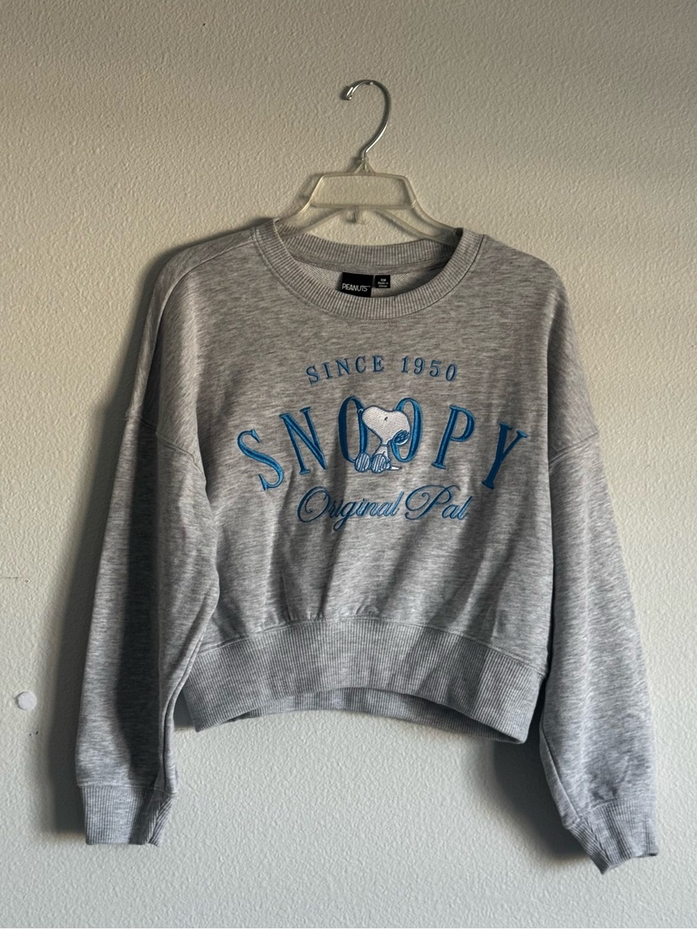 Peanuts Cropped Crewneck Sweatshirt | Gray w/ Blue Snoopy Graphic